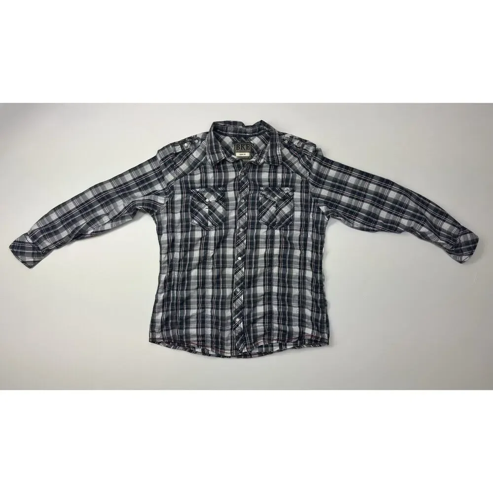 Used BKE Men's Slim Fit Western Pearl Snap Shirt Plaid Large Cotton
